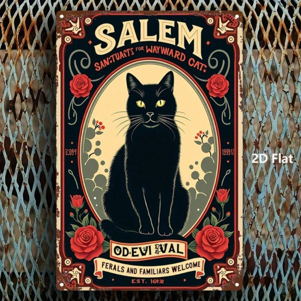 CIFbuy 塞勒姆猫屋 黑猫与玫瑰 复古金属标牌 8x12英寸 1个 经典2D平面艺术 复古墙面装饰 适用于家庭 农场 厨房等 （TikTok, temu 自提物流）-3