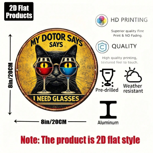 CIFbuy 1 个 8×8 英寸 2D 平面圆形标牌，“复古黑猫趣味挂牌” 平面圆形标牌，复古黑猫趣味挂牌，标语：医生说我该戴眼镜了（TikTok, temu 自提物流）-8