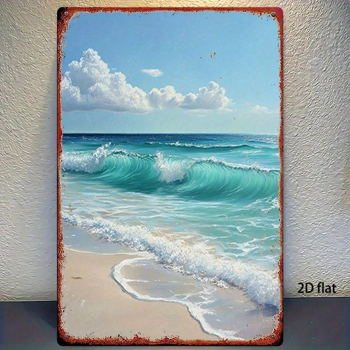 CIFbuy 复古金属标牌 海滩波浪 白云蓝天 2D平面锡制绘画装饰，8x12英寸 防水防锈壁挂牌，适用于浴室 （TikTok, temu 自提物流）