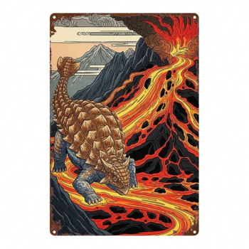 CIFbuy 复古甲龙金属标牌，带火山景观的质朴铁艺墙饰，8x12英寸恐龙装饰，适用于家庭、酒吧、车库、咖啡馆（TikTok, temu 自提物流）
