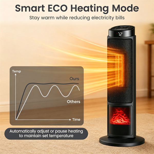 黑色1500W PTC便携式壁炉空间加热器，安静的35dB电加热器，带翻倒过热保护儿童锁，适用于卧室客厅-11