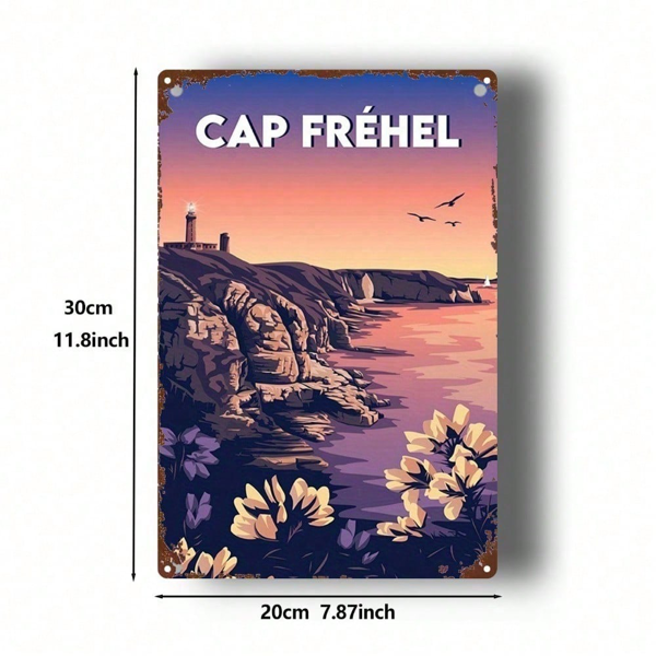 CIFbuy 1个复古法国风景金属标牌，卡普弗雷埃尔灯塔日落2D平面墙饰，复古家居酒吧车库俱乐部咖啡馆装饰（TikTok, temu 自提物流）-2