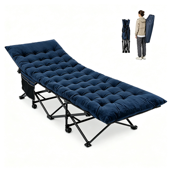 Navy Foldable Heavy Duty Camping Cot 330LBS, Portable Outdoor Sleeping Bed with Cushion & Carry Bag for Camping Office Nap-2
