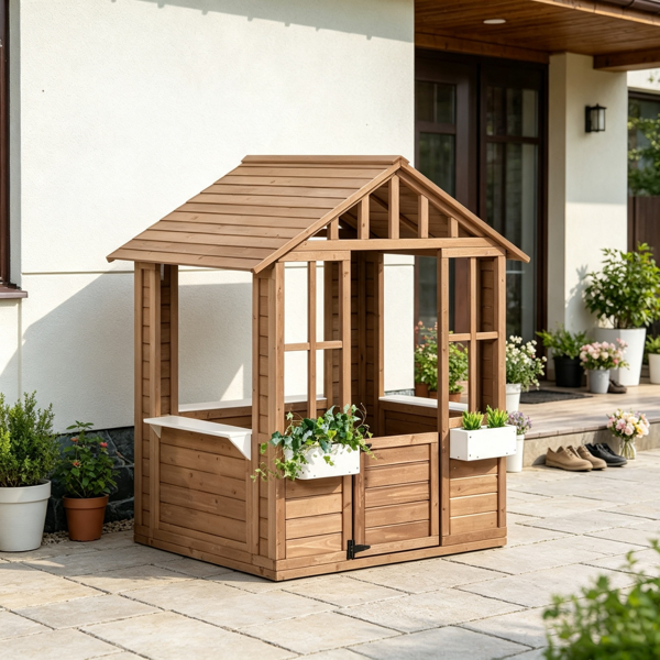 儿童木制户外游乐场，带花盆架和工作间的花园小屋-6