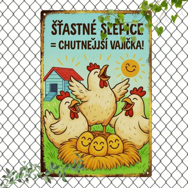 CIFbuy 复古捷克标语铁质标牌，农场金属墙面装饰，配“ŠŤASTNÉ SLEPICE CHUTNĚJŠÍ VAJÍČKA”字样，尺寸7.87x11.81英寸，2D平面乡村风 （TikTok, temu 自提物流）-7
