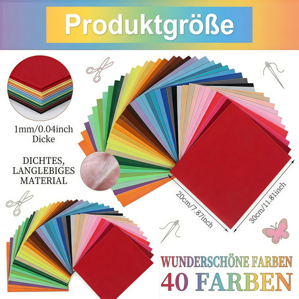 手工毛毡 1mm 40种颜色，20x30cm 毛毡布 毛毡板，适用于DIY手工、缝纫、拼布、儿童手工，无纺布，附带彩色绣花线，用于手工装饰项目-2