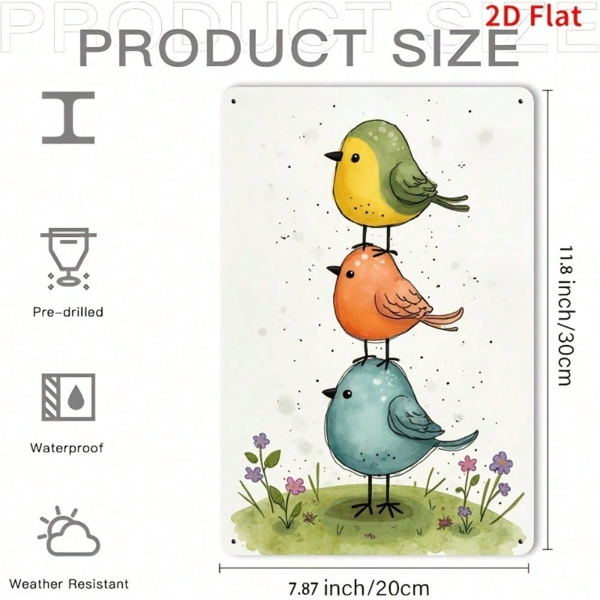 CIFbuy 复古金属标牌 30x20 厘米，质朴立体平纹锻铁艺术墙饰，绿色草地上点缀着色彩缤纷的鸟儿与紫粉色花朵（TikTok, temu 自提物流）-2