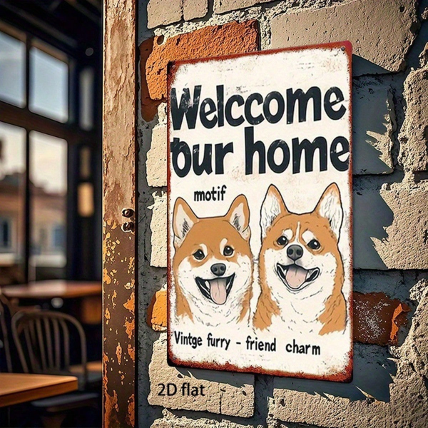 CIFbuy 复古柴犬金属墙饰欢迎牌，8x12英寸可爱狗狗欢迎光临家居装饰，2D平面萌宠图案适用于弗（TikTok, temu 自提物流）-4