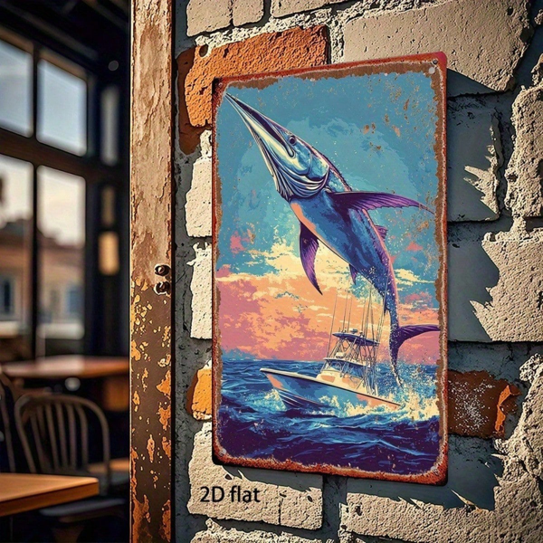 CIFbuy 复古 | 海洋捕鱼金属标牌 2D 平面，8X12英寸大鱼跃动图案墙饰，防锈防水金属装饰 1个适用于H （TikTok, temu 自提物流）-5