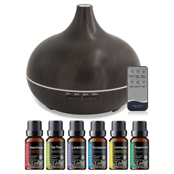 18.6oz Aromatherapy Essential Oil Diffuser Wood Grain Remote Control Ultrasonic Air Humidifier Cool 7 Color LED Light With 6 Oils