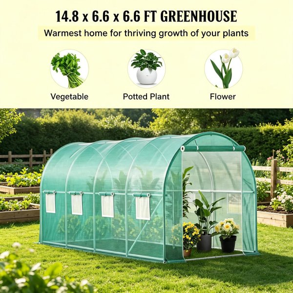 15'x7'x7'步入式隧道温室，带镀锌钢圈和8个卷帘窗的便携式温室-4