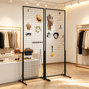 2件套2'x 5.6'格栅墙展示塔，双面落地式货架，带T形底座和夹子