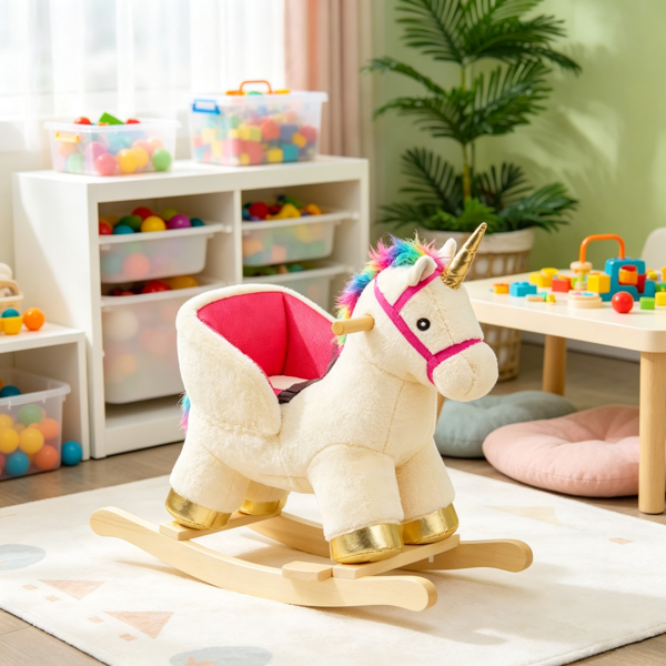 幼儿独角兽摇马——声音逼真，安全带和木制底座，适合18-36M亲子互动游戏时间-7