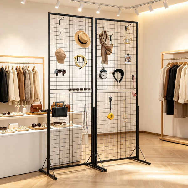 2件套2'x 5.6'格栅墙展示塔，双面落地式货架，带T形底座和夹子-1