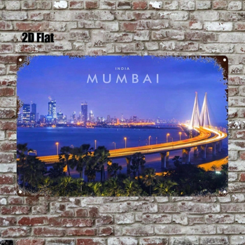 CIFbuy 1件 印度孟买金属标牌 8x12英寸铁质铭牌墙饰，2D平面温馨房间装饰，耐用室内墙面装饰，适用于家居（TikTok, temu 自提物流）