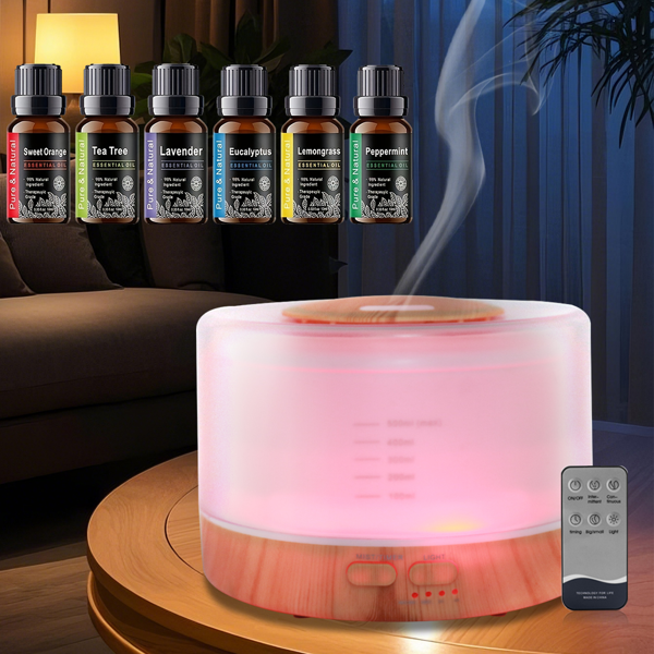 500 毫升香薰精油扩散器套装（内含 6 瓶理疗精油），7 色渐变 LED 氛围灯，超声波冷雾雾化，自动断电停机，低噪静音运行；适用于居家、卧室、瑜伽场景-13