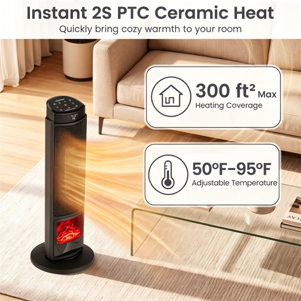 黑色1500W PTC便携式壁炉空间加热器，安静的35dB电加热器，带翻倒过热保护儿童锁，适用于卧室客厅-7