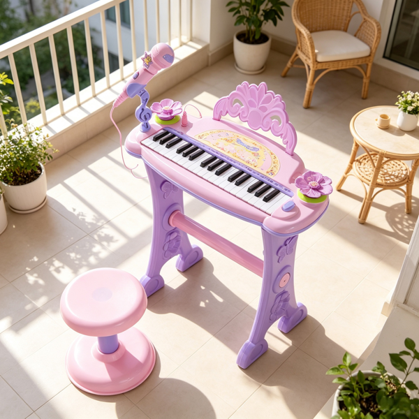 粉色32键儿童玩具钢琴：公主风格，带凳子、MP3、唱片、闪光灯和麦克风-7