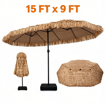 15x9英尺双面Tiki露台雨伞，带重型加重底座，12金属肋夏威夷PE套索户外市场雨伞防水聚酯雨棚，适用于池畔Tiki酒吧后院