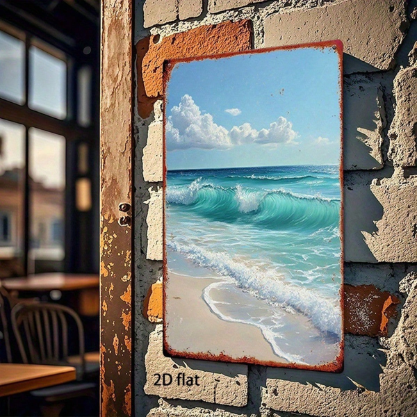 CIFbuy 复古金属标牌 海滩波浪 白云蓝天 2D平面锡制绘画装饰，8x12英寸 防水防锈壁挂牌，适用于浴室 （TikTok, temu 自提物流）-5