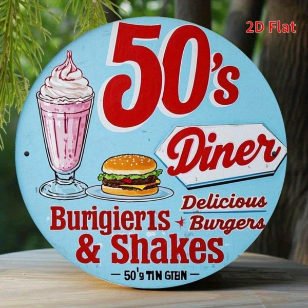 CIFbuy 美式复古 | 50年代餐厅圆形铁质金属标牌 8x8英寸，1件装 2D平面印刷墙面装饰，耐用抗紫外线且防刮擦 R （TikTok, temu 自提物流）-7