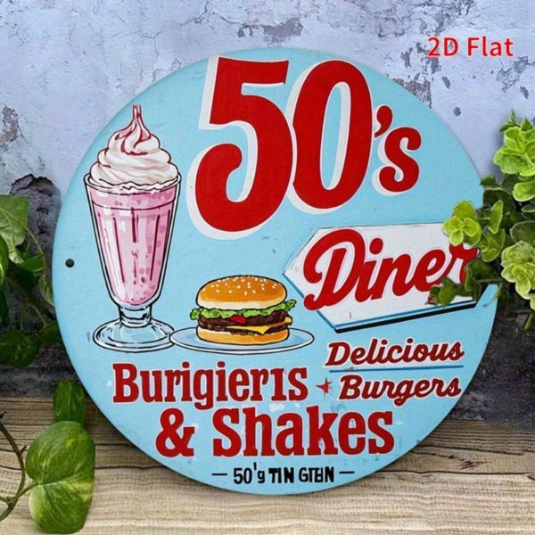 CIFbuy 美式复古 | 50年代餐厅圆形铁质金属标牌 8x8英寸，1件装 2D平面印刷墙面装饰，耐用抗紫外线且防刮擦 R （TikTok, temu 自提物流）-6