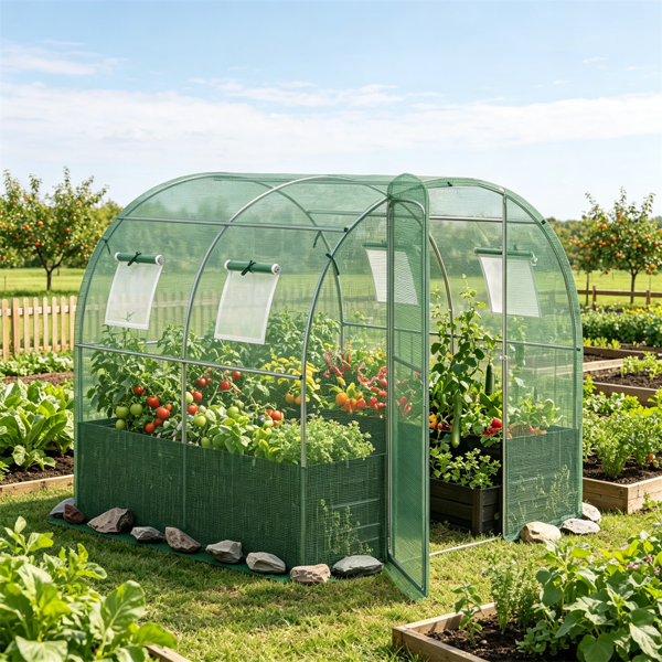 80“×79”全天候步入式温室，重型镀锌金属框架防撕裂PE盖室外植物温室，带4个网眼通风窗风绳蔬菜花卉水果种植地桩-3