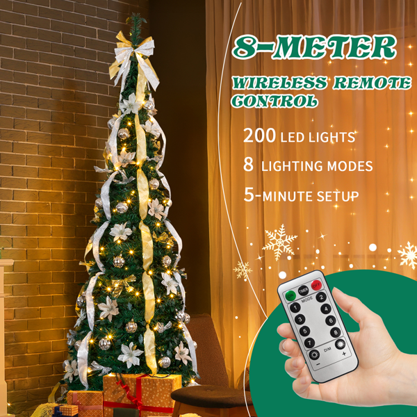 7ft  绿色  伸缩圣诞树  带金银色配饰 200LED暖白8模式 带遥控 PVC 圣诞树 30V 3.6W 美规-11