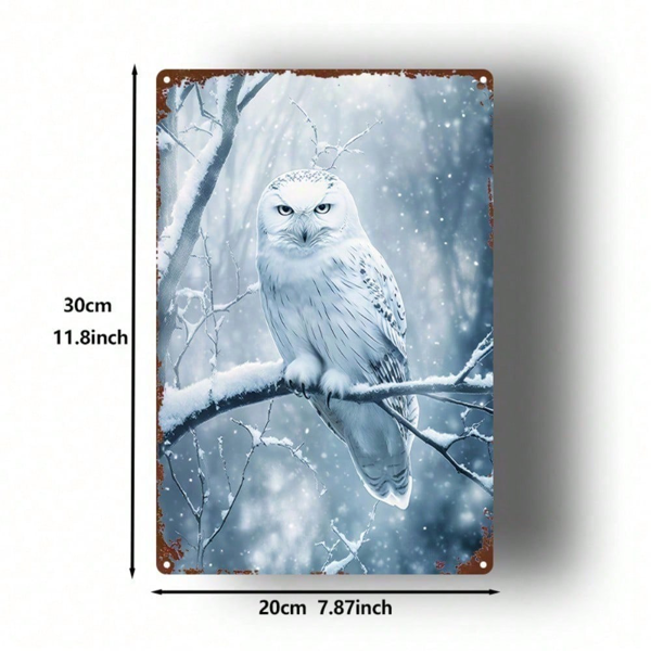 CIFbuy 1个2D平面金属标牌 冬季雪景 白色猫头鹰 艺术墙面装饰，8x12英寸 耐用金属铭牌 适用于室内温馨房间点缀（TikTok, temu 自提物流）-2