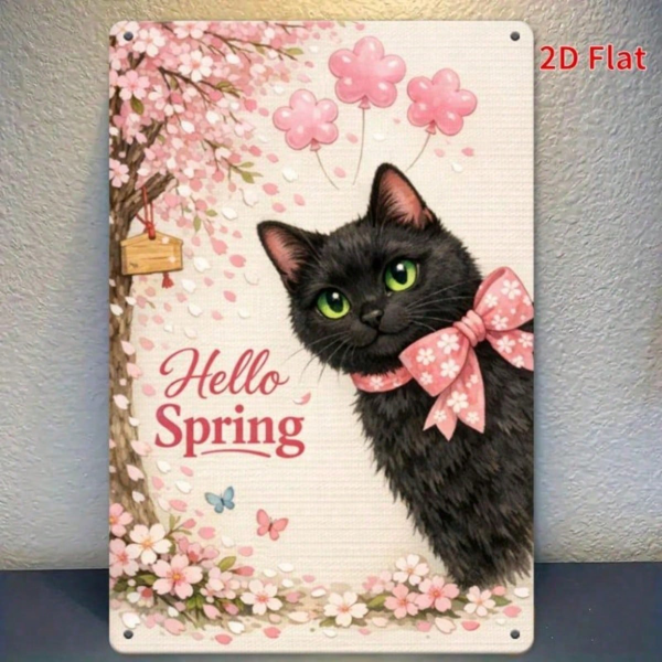 CIFbuy 你好，春樱黑猫金属牌匾，复古2D平面印刷墙饰，防水防锈标识，适用于家居装饰。（TikTok, temu 自提物流）-7