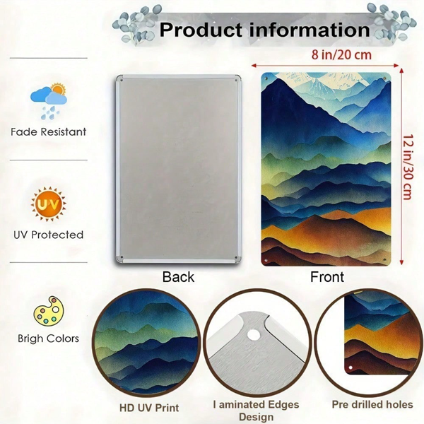 CIFbuy 1件 2D 平面金属墙饰 水彩山景 极简家居装饰 12x8英寸 卧室办公室悬挂牌（TikTok, temu 自提物流）-3