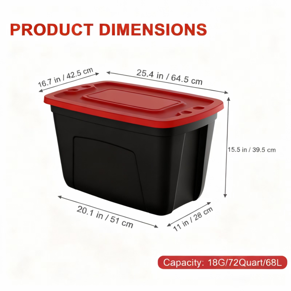 4 个装 18 加仑可堆叠带盖塑料收纳箱，黑箱体红盖子-2