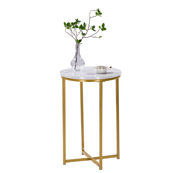 密度板 铁 拆装 交叉 单层 边几 圆形 白色大理石PVC 金色喷塑 40*40*60cm-1