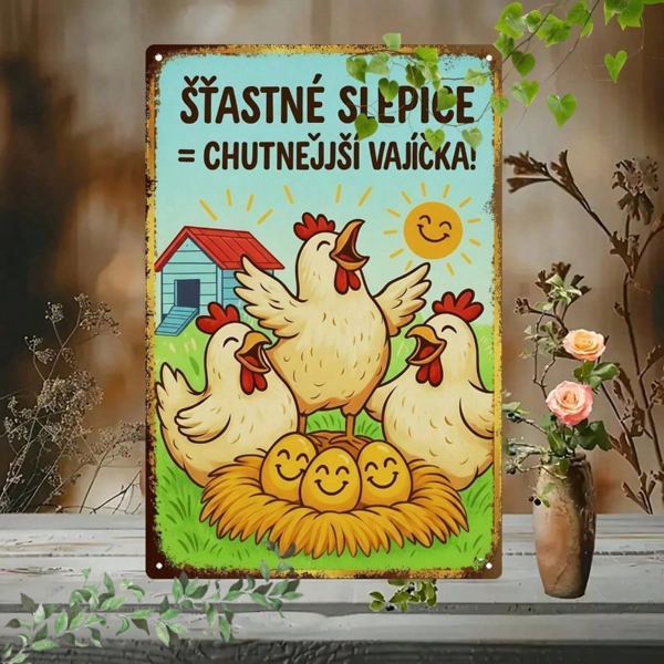 CIFbuy 复古捷克标语铁质标牌，农场金属墙面装饰，配“ŠŤASTNÉ SLEPICE CHUTNĚJŠÍ VAJÍČKA”字样，尺寸7.87x11.81英寸，2D平面乡村风 （TikTok, temu 自提物流）-6