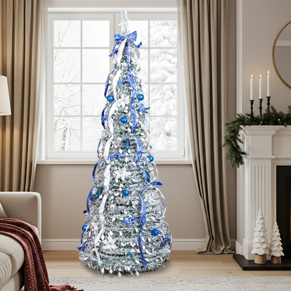 7ft  绿色植绒 伸缩圣诞树  带蓝银色配饰 200LED暖白8模式 带遥控 PVC 圣诞树 30V 3.6W 美规-12