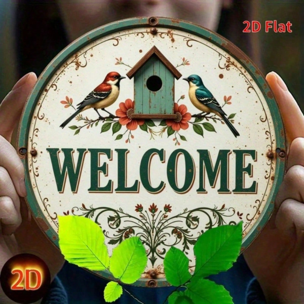 CIFbuy 复古 | 圆形铁质标牌 2D 平面印刷鸟屋 欢迎花饰 复古金属墙面装饰，趣味乡村风格悬挂式壁饰 （TikTok, temu 自提物流）-1