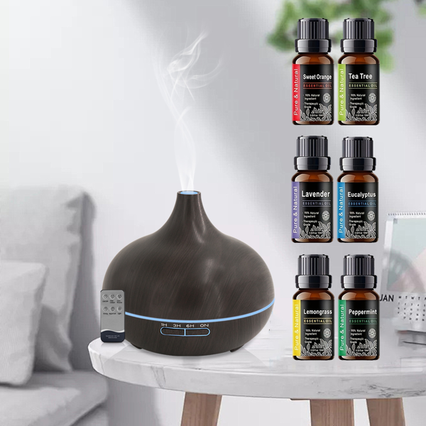 18.6oz Aromatherapy Essential Oil Diffuser Wood Grain Remote Control Ultrasonic Air Humidifier Cool 7 Color LED Light With 6 Oils-9