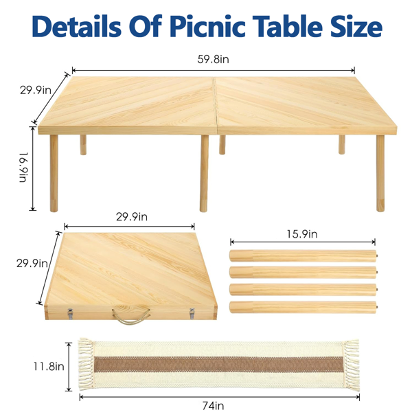 60英寸x 30英寸可折叠Boho矮野餐桌、带可调节桌腿的实木沙滩桌、便携式室内和室外落地桌，适合野餐、露营、烧烤、婚礼、庭院和家庭聚会-4