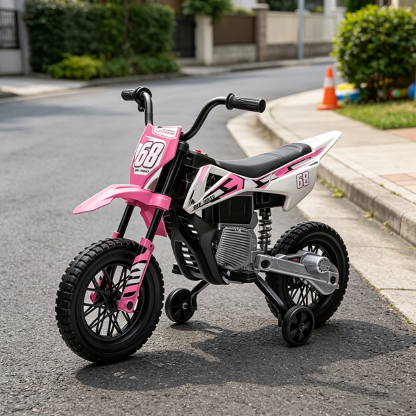 粉红色12V儿童电动摩托车：带扭握油门、训练轮、后悬架和幼儿音乐-4