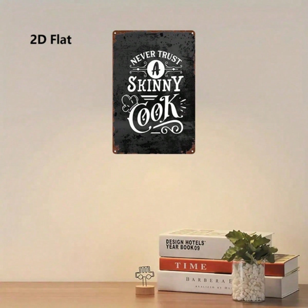 CIFbuy 复古2D平面金属标牌，8x12英寸，“别相信瘦厨师”趣味名言，黑白精美卷轴图案，质朴墙面装饰，单件 （TikTok, temu 自提物流）-5