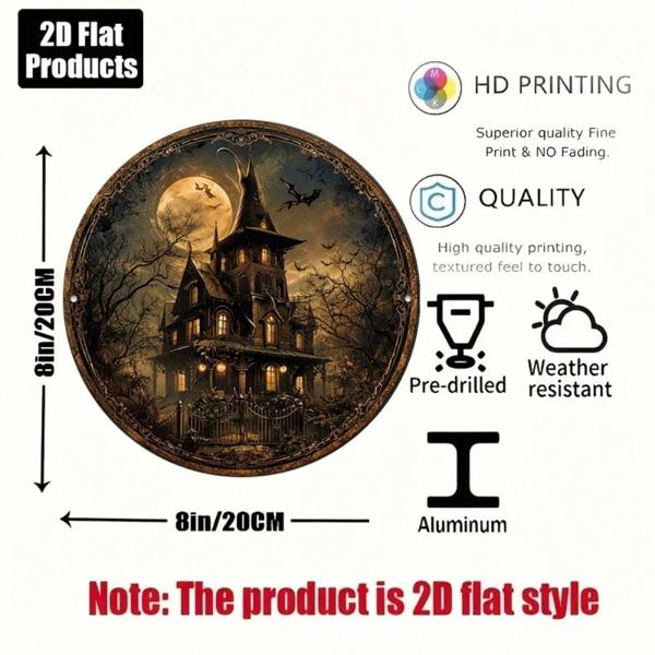 CIFbuy 1 个 8×8 英寸复古万圣节标牌，“鬼屋恐怖城堡装饰” 平面圆形挂牌，鬼屋恐怖城堡装饰（TikTok, temu 自提物流）-5