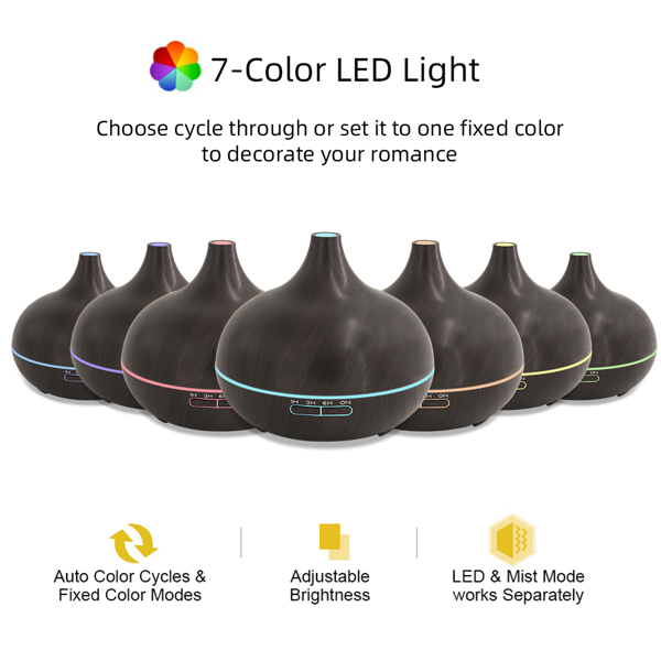 18.6oz Aromatherapy Essential Oil Diffuser Wood Grain Remote Control Ultrasonic Air Humidifier Cool 7 Color LED Light With 6 Oils-5