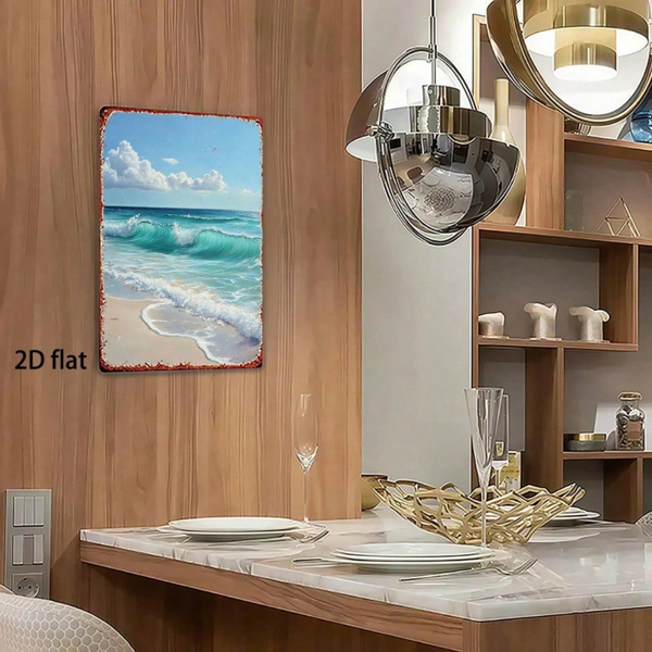 CIFbuy 复古金属标牌 海滩波浪 白云蓝天 2D平面锡制绘画装饰，8x12英寸 防水防锈壁挂牌，适用于浴室 （TikTok, temu 自提物流）-3