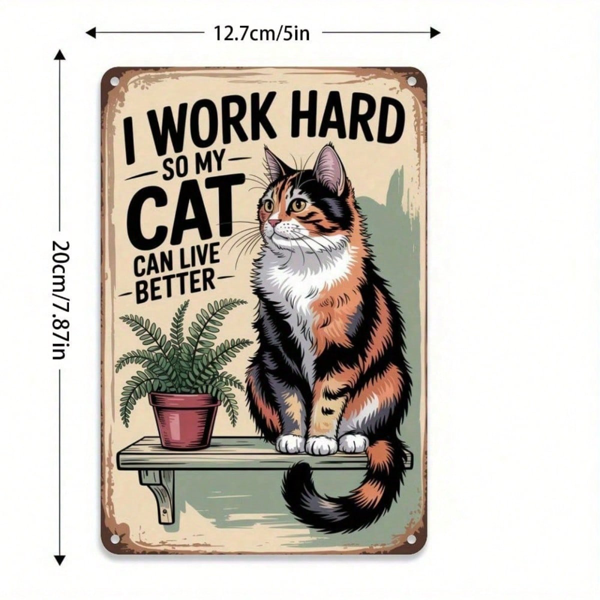 CIFbuy 猫咪爱好者礼物 2D 平面木质标牌，“我努力工作，只为让我的猫生活得更好”，虎纹猫咪图案装饰牌，防水（TikTok, temu 自提物流）-5