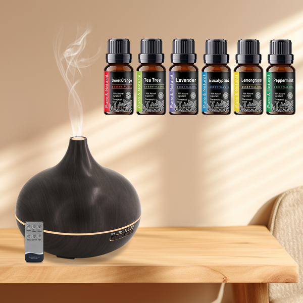 18.6oz Aromatherapy Essential Oil Diffuser Wood Grain Remote Control Ultrasonic Air Humidifier Cool 7 Color LED Light With 6 Oils-12
