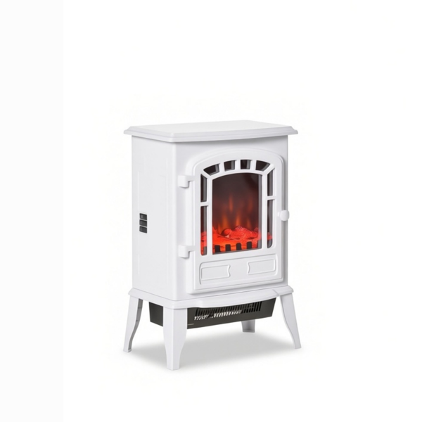 白色独立式电壁炉加热器，逼真的火焰效果，安全过热保护，750W/1500W-2