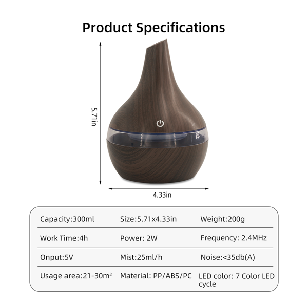 300ml 超静音香薰加湿器，7 色 LED 氛围灯，自动断电保护，打造居家、办公室、卧室舒缓环境-3