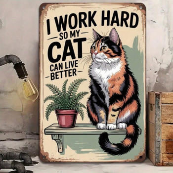 CIFbuy 猫咪爱好者礼物 2D 平面木质标牌，“我努力工作，只为让我的猫生活得更好”，虎纹猫咪图案装饰牌，防水（TikTok, temu 自提物流）