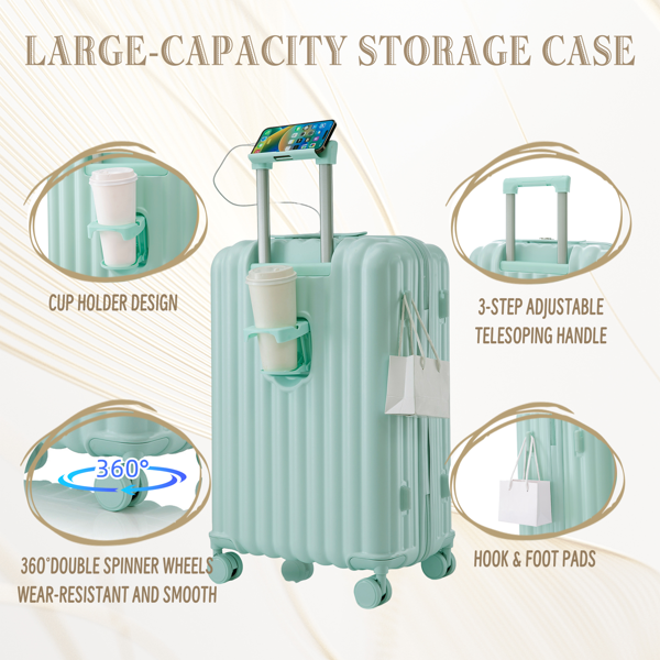 20"/24"/28" 3件套 ABS材质万向轮行李箱，可登机，带杯架、USB接口和手机支架（薄荷绿）-13