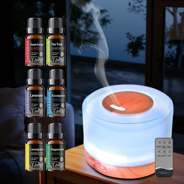 500 毫升香薰精油扩散器套装（内含 6 瓶理疗精油），7 色渐变 LED 氛围灯，超声波冷雾雾化，自动断电停机，低噪静音运行；适用于居家、卧室、瑜伽场景-15